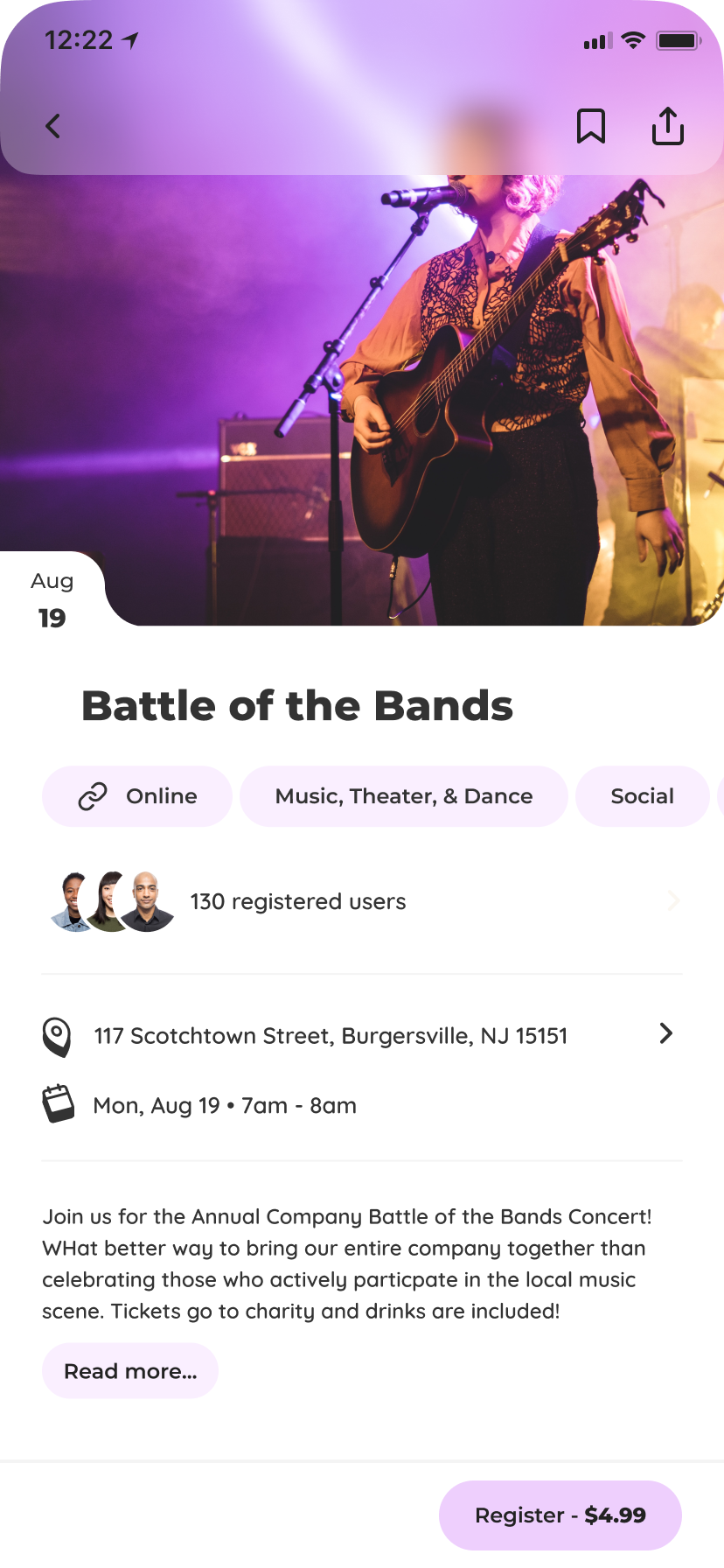 Screenshot of an event on the RahRah mobile app