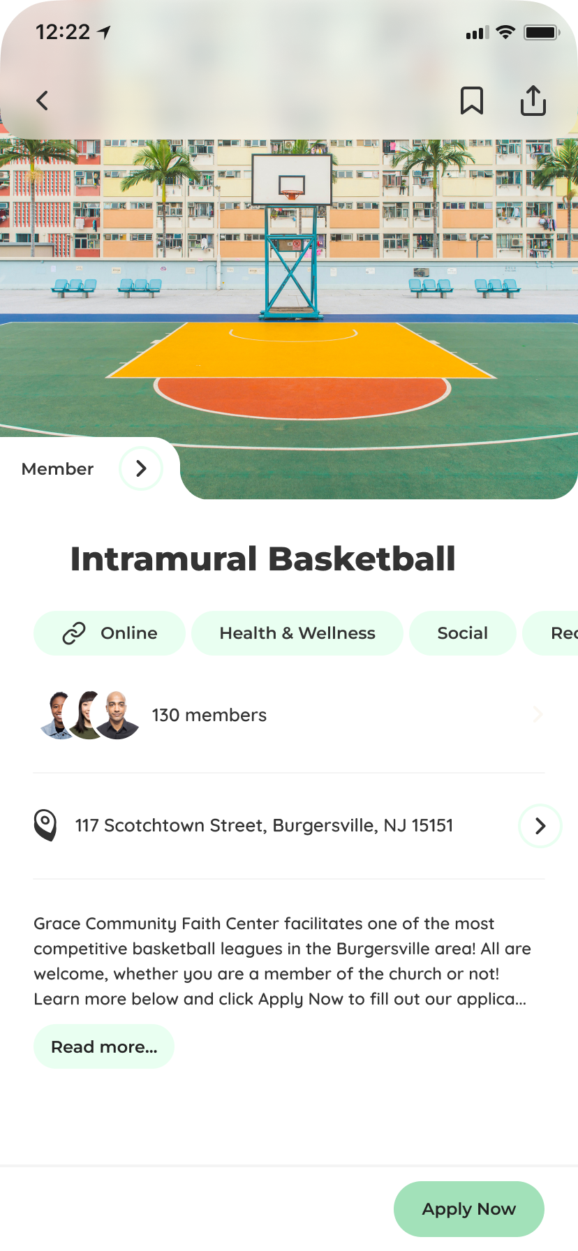 Screenshot of a group on the RahRah mobile app
