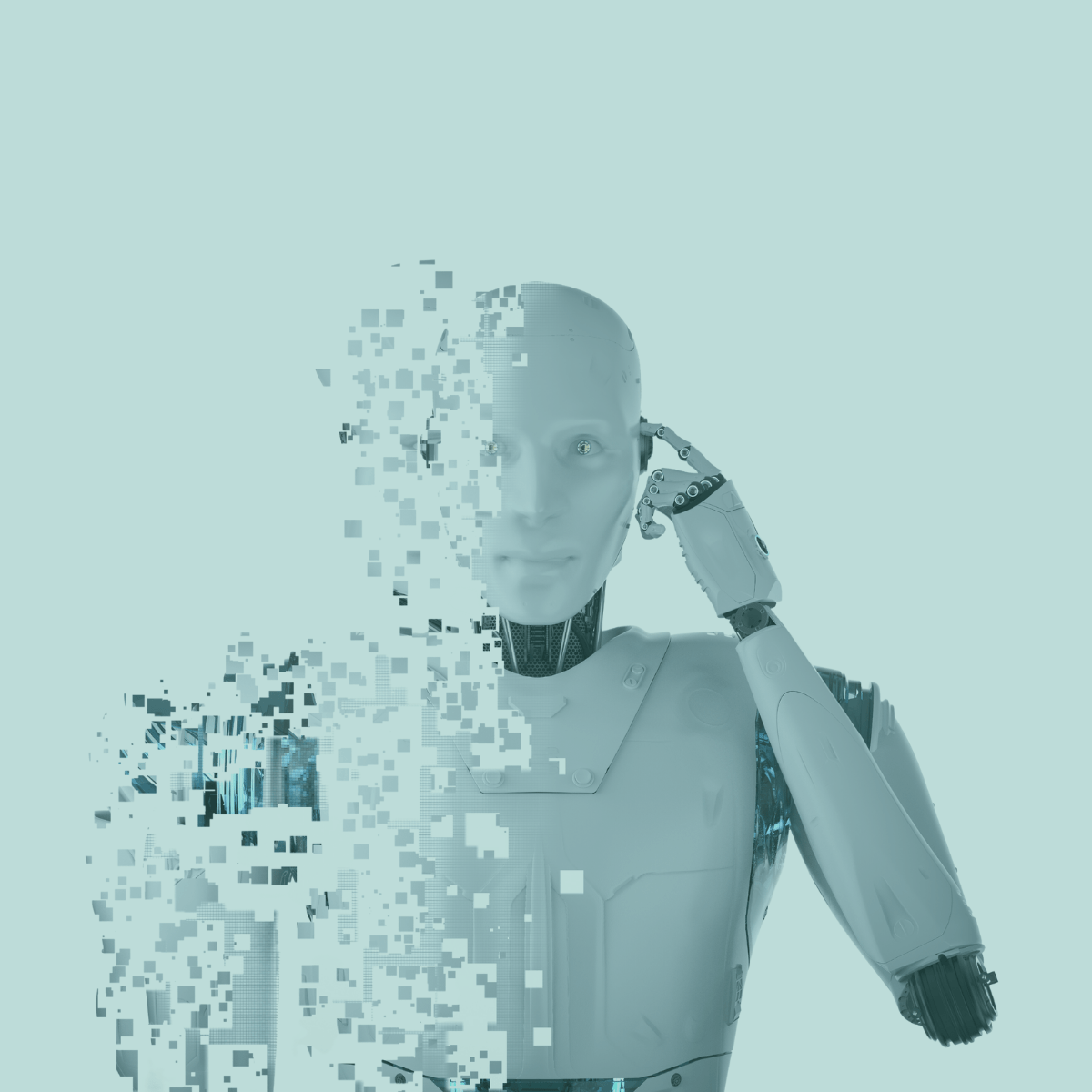 Robot with its hand to its head and finger pointing at its temple while half of its body looks like it's floating away in small pieces